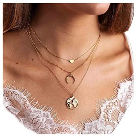 Yheakne Boho Layerer Map Heart Necklace Gold Crescent Moon Pendant Necklace Chain Vintage Multi Layer Chain Necklace Jewelry for Women and Girls