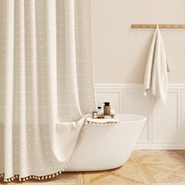 BTTN 60 Inch Stall Shower Curtain - Boho Farmhouse Linen Weighted Fabric Shower Curtain Set with 10 Plastic Hooks, Narrow Bohemian Country Decorative Shower Curtains for Bathroom - 60x72 - Cream/Beige
