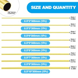 Brass Tube Tubing - 2mm 3mm 4mm 5mm 6mm 7mm 8mm 10mm OD x 0.5mm Wall Thickness 300mm Length Seamless Round Pipe, 8 Pieces