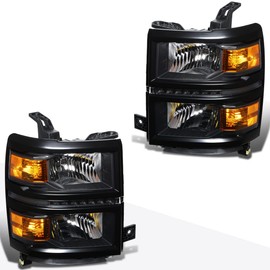 PM PERFORMOTOR LED DRL Headlight Assembly Compatible with Chevy Silverado 14-15 | Headlamps with Black Housing Amber Corner
