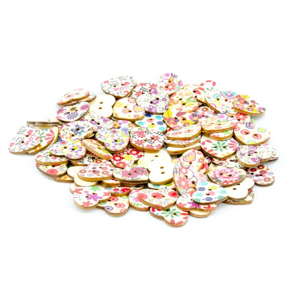 AKORD Mixed Printed Flower Heart Shape Wooden Sewing Buttons, Wood,
