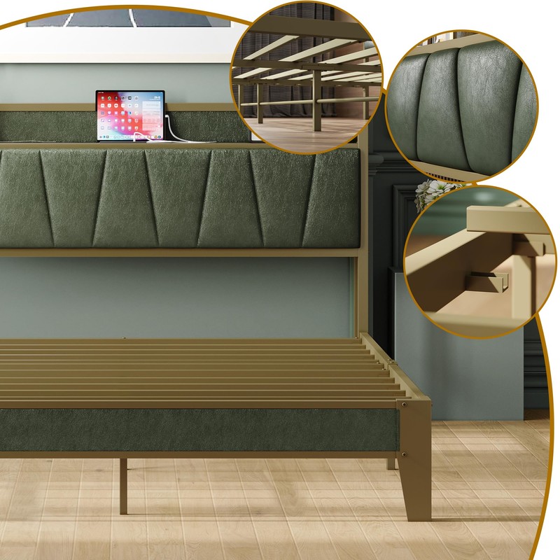 LIKIMIO Queen Bed Frame, Storage Headboard with Charging Station, Solid