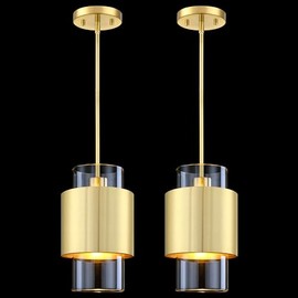 CJY CHENJINYAN 1 Light Hanging Indoor Kitchen Island Pendant Ceiling Light 6" Drum Glass Shade Fixture, Modern Farmhouse Dinning Room Over Sink (Clear Glass Brushed Bronze, 2 Pack)