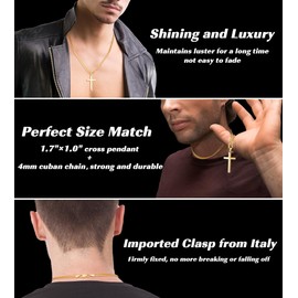 Eterjew 18K Plated Gold Cross Necklace for Men, Gold Cross Necklace for Men with 4mm Gold Cuban Cross Chain for Men Boys Women, Gold Cross Chain for Men, Mens Cross Necklaces 26 Inch