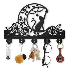 MAYJOYDIY Cat Moon Flower Coat Rack Wall Mounted Wood Animal Moon Star Key Hanger Wall Art Decor 30×20cm 5 Alloy Hooks Black Key Rack Organizer for Gift Entryway Hallway Kitchen Room
