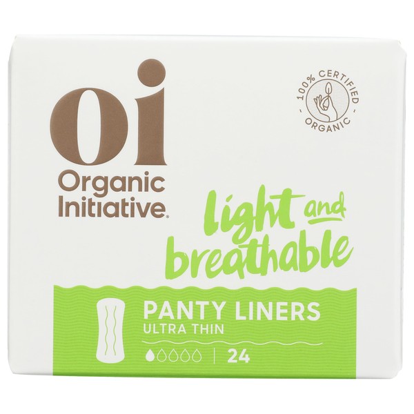 Oi - Organic Initiative Cotton Ultra Thin Panty Liners, Convenient, Comfortable, Ideal for Light Spotting, Organic, Non GMO, Perfume & Chlorine Bleach Free, Box of 24 Liners