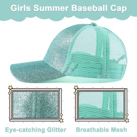 Zsedrut Tolddler Girls Baseball Cap Kids Glitter Trucker Hats Adjustable Summer Sun Hat Mesh Ponytail Caps(Green)