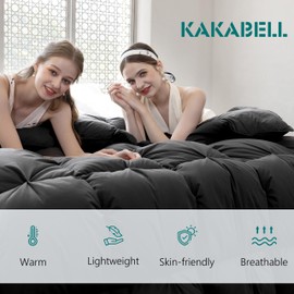 KAKABELL Pinch Pleat Goose Down Feathers Comforter Full/Queen Size All Season-Ultra Soft and Cozy Noiseless Duvet Insert with 100% Egyptian Cotton Cover,Fluffy Warm Comforter Insert(Black,90"X90")