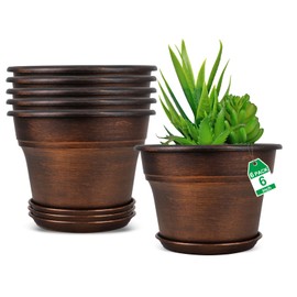 Plant Planters Pots Set of 6 Pack 6 Inch, Plastic Flower Pot for Indoor Plants with Drainage Holes & Trays, Resin Decorative Container Sets with Saucer for House Outdoor Garden Planters Dark Gold