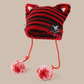 Women Kawaii Cat Ear Beanie Hat with Star Pom Poms Y2K Cute Crochet Goth Grunge Emo Alt Accessories Knit Slouchy Hat (Red Black)