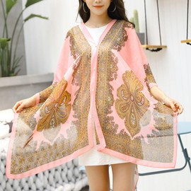 Xunger Women's Floral Ice Silk Cooling Sunproof Shawl UV Blocking Lightweight Multi-Way Wrap Beach Cover-Up Chiffon Scarf(1032-Pink-OneSize-RD)