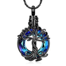 Imrsanl Tree of Life Urn Necklace for Men Women Cremation Jewelry with Circle Crystal Memorial Keepsake Jewelry Gifts for Human Adult Ashes (Black-Blue)