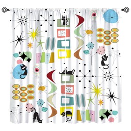 Mid Century Curtain Modern Abstract Atomic Starbursts Naughty Lovely Cat 1950s Retro Abstract Geometric Inspired Black Grey for Kids Bedroom Kitchen Decor Blackout Window Drapes 42"W X 45"L