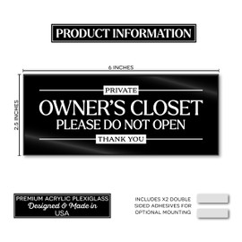 Acrylic 2.5x6 Owners Closet Sign, No Guest Access Sign, Compatible with Airbnb Essentials for Hosts Signs, Private Door, Renter Friendly Decor, Compatible with Airbnb Signs, Black, Made in USA