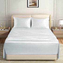 Homiest 4pcs Extra Deep Pocket Satin Sheets Queen Size Bed Set, 18-24 Inch Deep Pocket Bed Sheets White Satin Sheet Set, Silky Satin Bedding Set Luxury Fitted Sheet Set Fits Ultra Deep Mattress