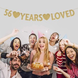 Gold 56 Year Loved Banner, Gold Glitter Happy 56th Birthday Party Decorations, Supplies