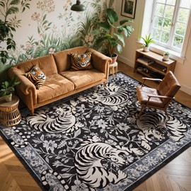 LIVEBOX Tiger Washable Rug 8x10, Boho Animal Print Area Rugs for Living Room, Non-Slip Botanical Floral Bedroom Rug, Vintage Soft Western Floor Carpet for Dining Room Home Office Dorm (Terracotta)