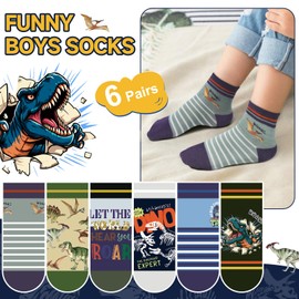 Queenshin Funny Dinosaur Boy Novelty Socks 4-8 Years Old Best Gift Age 8-12 Kids Ankle Socks 3 Sizes 6 Pairs