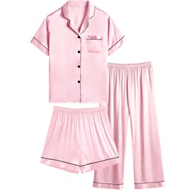SWOMOG Pyjamas for Kids Girls Short Sleeve Button-Down Pjs 3 Pcs Kids Nightwear Short Sleeve Lounge Sets Pink 12-13 years old