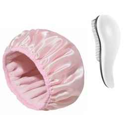 FAILOO Three-layer 3-in-1 shower cap Bath waterproof cap Extra suction hair drying cap Bathroom cap hair shower cap Dry cap Pink satin with elastic, and smooth comb with soft teeth no knot hair comb, white and pink