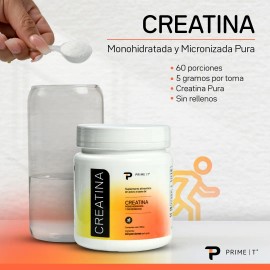 Creatina monohidratada y micronizada Primetech 60 Servicios de 5 gr en polvo y de alta pureza sin sabor o aditivos para mayor fuerza y resistencia