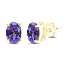AFFY 8X6MM Oval Shape Birthstone Simulated Amethyst Solitaire Stud Earrings With Friction Back for Women In 14K Yellow Gold Over Sterling Silver (VVS1- VVS2 Clarity)