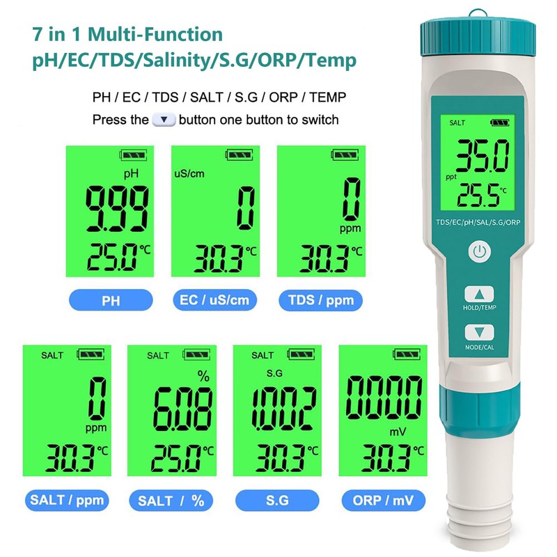 pH Meter, 7 in-1 pH/TDS/EC/ORP/S.G/Salinity/Temp Meter, Digital pH Tester with