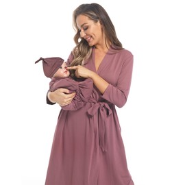 WINROLA Maternity Robe with Matching Swaddle Set, Mommy Me Set Soft Women Maternity Sleepwear Bathroom (US, Alpha, Small, Regular, Regular, YFF07Purple)