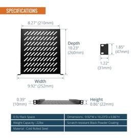 Tecmojo 0.5U Rack Mount Shelf for 10" width Server Rack, 10" Deep Vented Cantilever Tray, Metal Shelf for Network Cabinet, Server Enclosure, Enhanced Airflow, Black