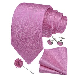 Gusleson Mens Pink Tie for Wedding Solid Paisley Necktie Pocket Square Cufflinks and Lapel Pin Brooch Set (UK6103-06)