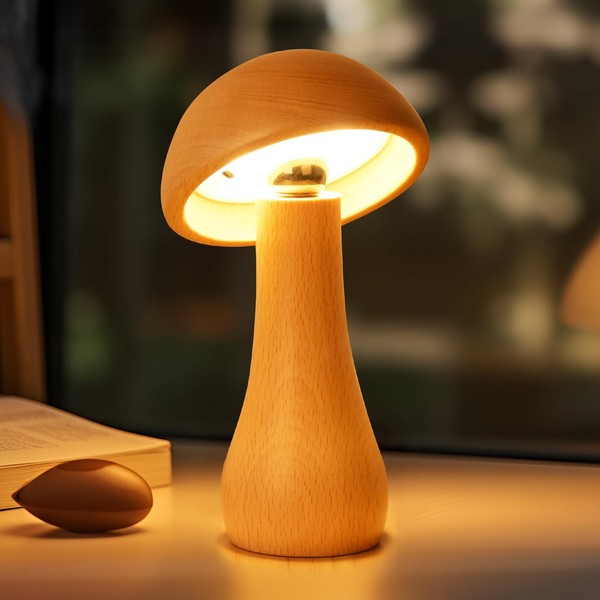 AIEHOUSE AIEHOUSE LED Cordless Bedside Touch Lamp, Small Wood Mushroom