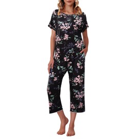 Ekouaer Women's Capri Pajama Sets Floral Print Short Sleeve Sleepwear Top and Capri Pants 2 Piece Loungewear with Pockets Black Big Flowers M