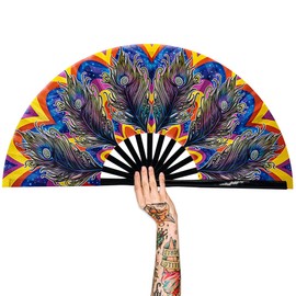 Raveahem UV Glow Rave Fan, Bamboo Folding Clack Hand Fan for Men Women (Peacock, Large 13")