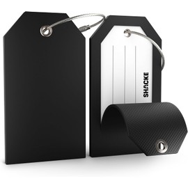 Shacke - Etiquetas de equipaje grandes (2 piezas) con cubierta de privacidad y lazos de acero (negro liso)