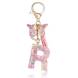 Fmeida Initial Letter Keyring for Women Cute Pink Tassel & Butterfly Keychain, R