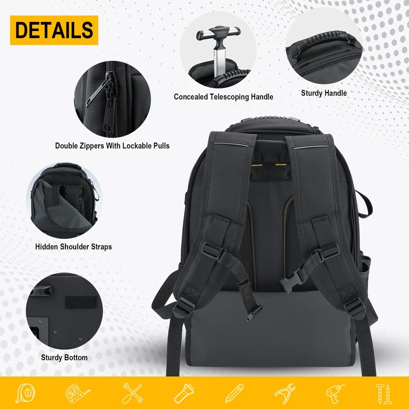 KUNN Rolling Tool Backpack with Wheels, Heavy Duty Waterproof Wheeled