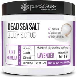 Premium Organic Body Scrub Set - Large 16oz LAVENDER BODY SCRUB - Pure Dead Sea Salt Infused With Organic Essential Oils  Nutrients  FREE Wooden...   