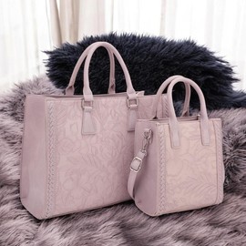 BagParty Spring Fashion 2-Piece Vegan Leather Tote Bag Set - Hibiscus Flower, All Match Trendy Women Working Bag, Everyday Bag for Office Lady:_Lilac