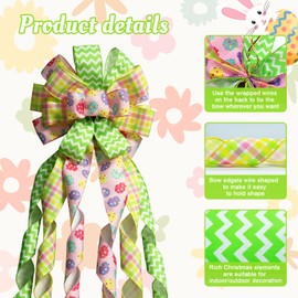 Large Easter Tree Topper Bow 52x13 Inch, Pre-Tied Wired Egg Ribbon Wreath Bows, Easter Ornaments with Long Wired Edge Streamer for Holiday Indoor Outdoor Party Decoration (Green Yellow Pink)