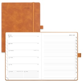 POPRUN Weekly Planner 2026 (Medium 6.5" x 8.5") Calendar 12 Months Notebook with Horizontal Layout, Leather Soft Cover, Monthly Tabs, Inner Pocket, 100GSM Thick Paper, Pen Holder - Brown