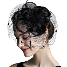 Women's Fascinators Hats Tea Party Hats for Women, 50s Flower Feathers with Veil Headwear for Tea Party Dresses (Black)