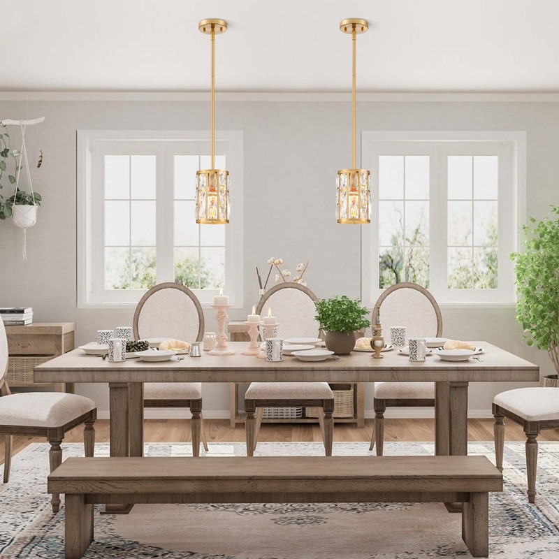 Modern Crystal Pendant Light Fixture 2-Pack Gold Finish Hanging Lighting