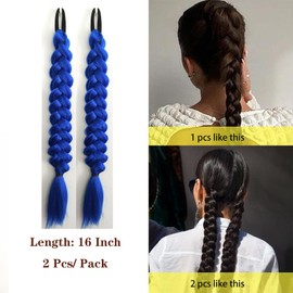 shufang 2 Packs 16 Inch Blue Long Braid Ponytail Extension for Black Women with Hair Tie Straight Braid Hair Extensions Can be Restyle Soft Synthetic Hair Piece for Women
