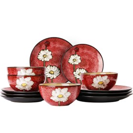 Plates and Bowls Sets,12 Pieces Kiln Changed Glaze Ceramic Dinnerware Set,Dishes Set for 4,Highly Chip and Crack Resistant Modern Plate Set,Dishwasher & Microwave Safe (Red)