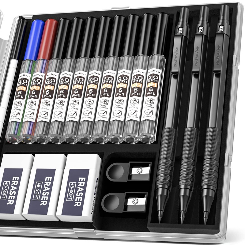 Nicpro Black Metal 2.0 Mechanical Pencil Set with Case, 3