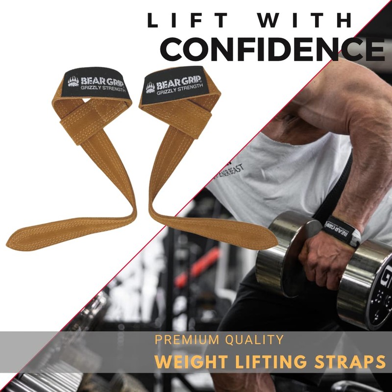 BEAR GRIP - Leather Weight Lifting Straps for Gym, Bodybuilding,