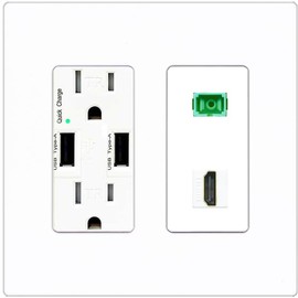 RiteAV 1 Port Fiber Optic Jack SC Simplex APC + HDMI Wall Plate - USB Charger Outlet [Screwless White]