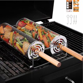 Outdoor BBQ Basket with Detachable Wooden Handle, Rolling BBQ Basket, Stainless Steel BBQ Accessories