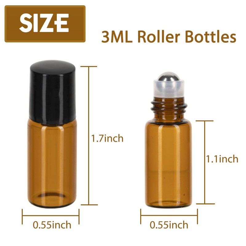 ZEJIA 3ml Roller Bottles 12Pack Amber Thick Glass Essential Oil
