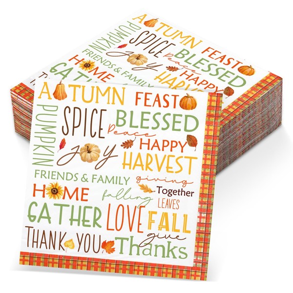 Engrowtic 50 Pcs Fall Words Cocktail Napkins Set Autumn Theme